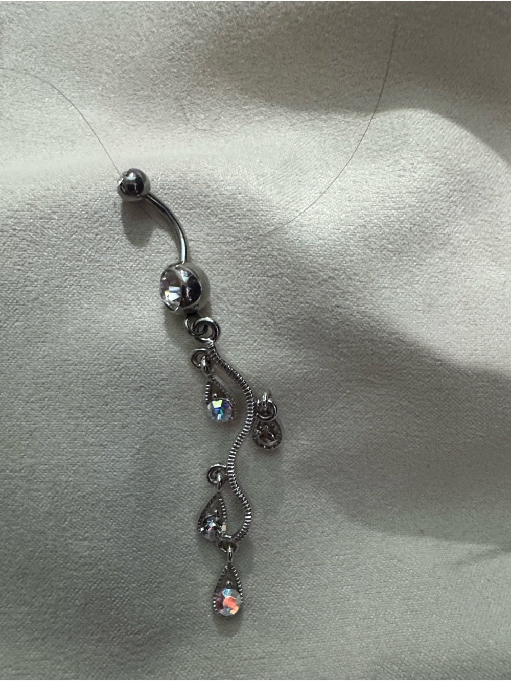 Silver Crystal Dangle Belly Button Ring - Elegant Clear Teardrop Drops